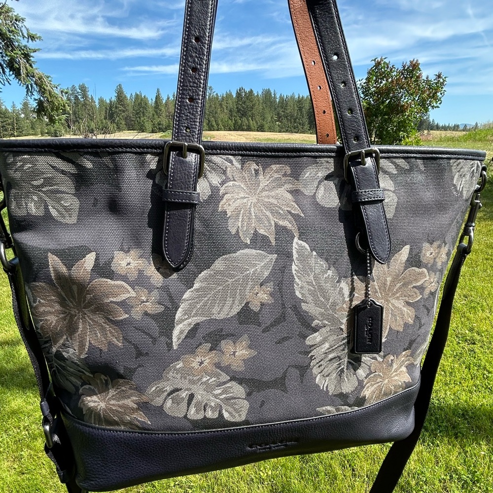 COACH Tropical Print Canvas w/Pebble Leather Trim Tote Bag w/Crossbody Strap